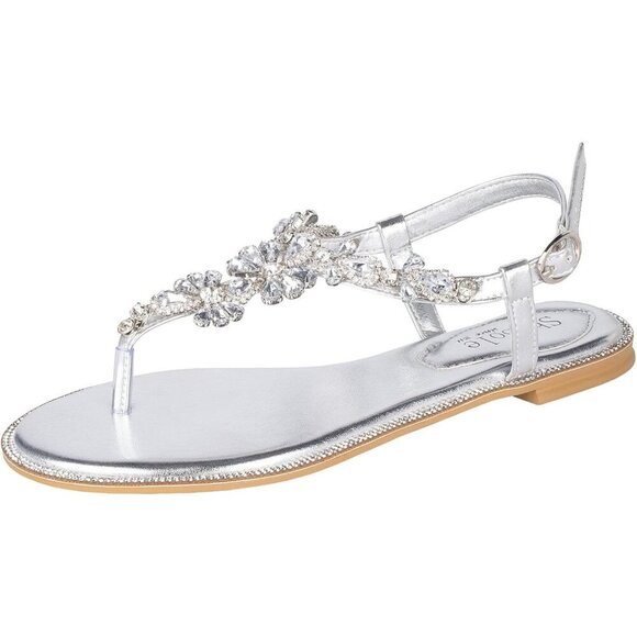 SheSole Womens Sparkly Flat Sandals Open Toe T-Strap Dressy Bridal Wedding Shoes - Picture 1 of 9